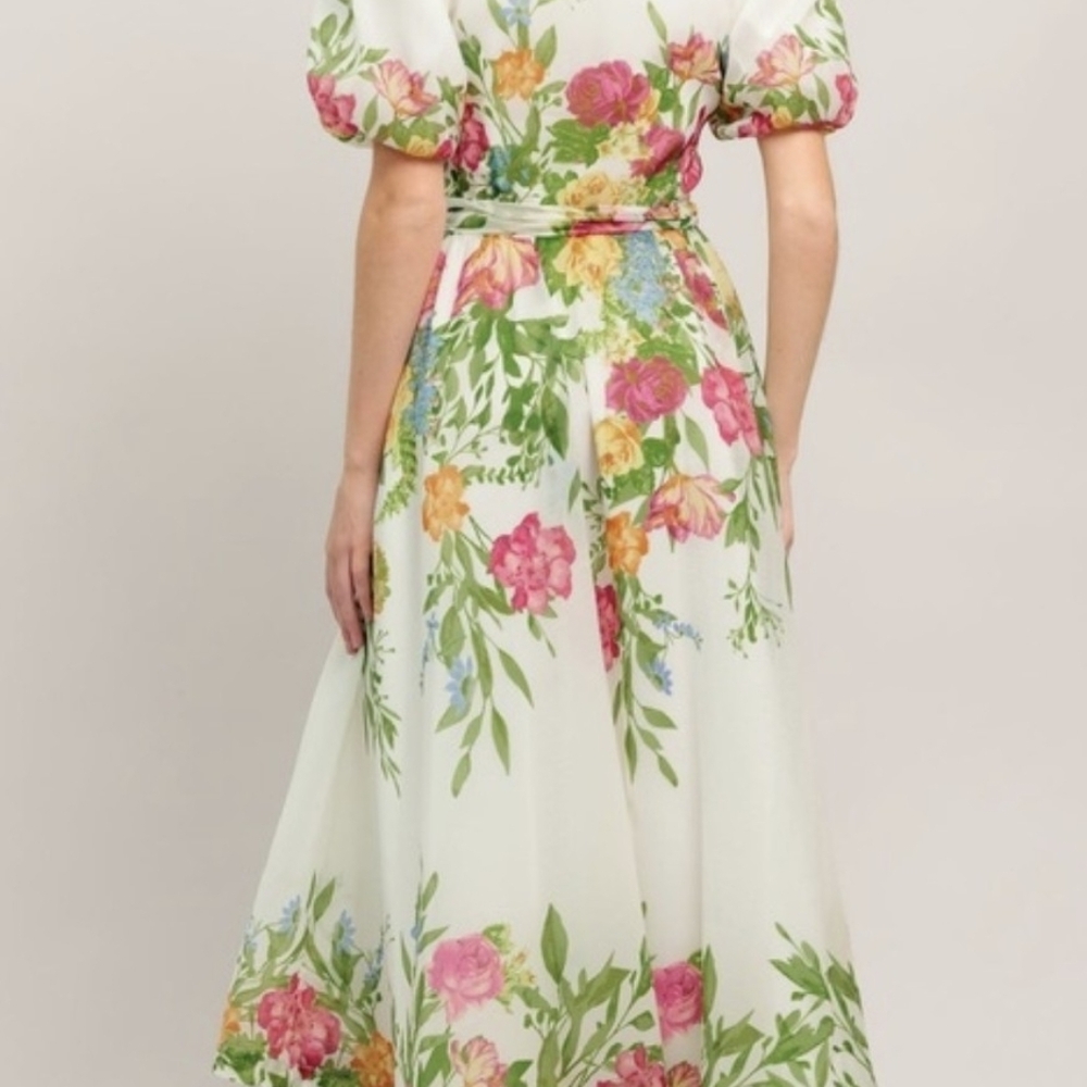 Flying Tomato Floral Midi Dress in White with Green, Pink, Yellow Accents - Picture 7 of 7
